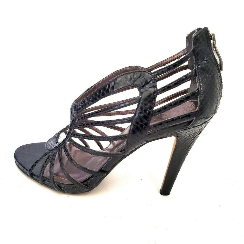 Vince Camuto Solana Women Cage Heels 8 Black Leather Strappy Stiletto Sexy Snake - Picture 4 of 12